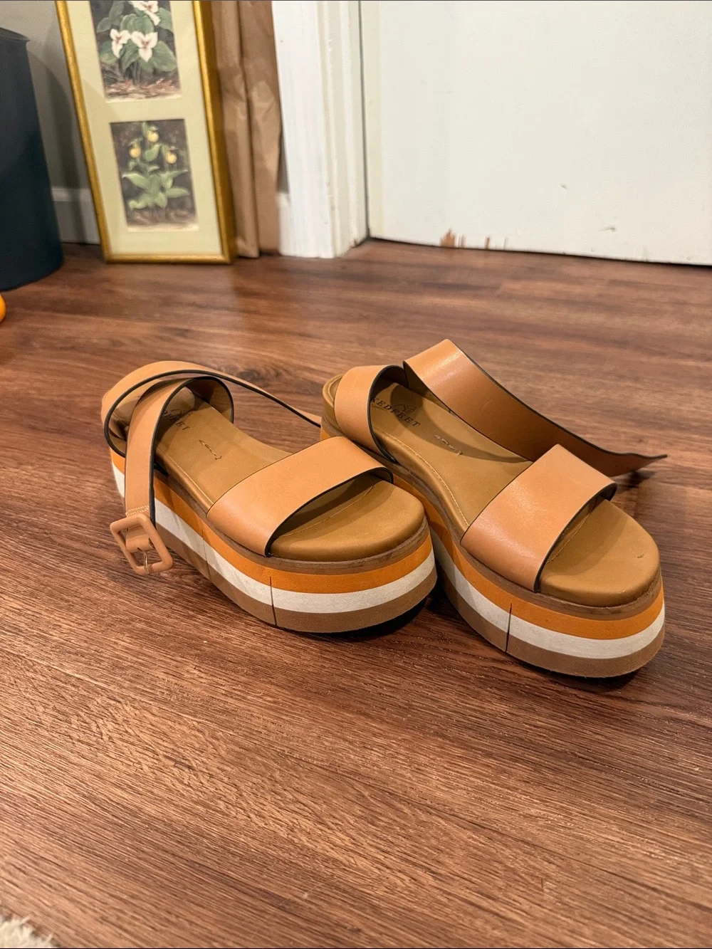 Naked Feet Tan and White Striped Platform Sandals